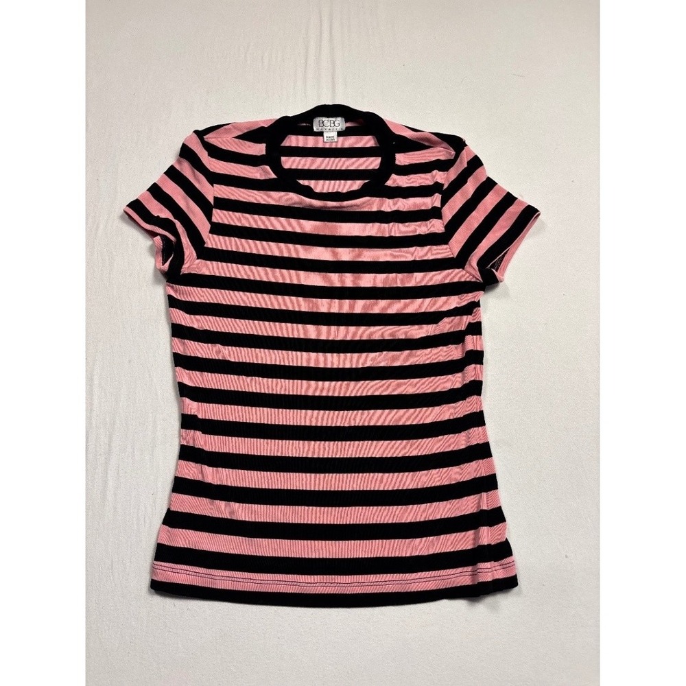 BCBG Women's Striped Knit T Shirt Pink Black Short Sleeve Size M